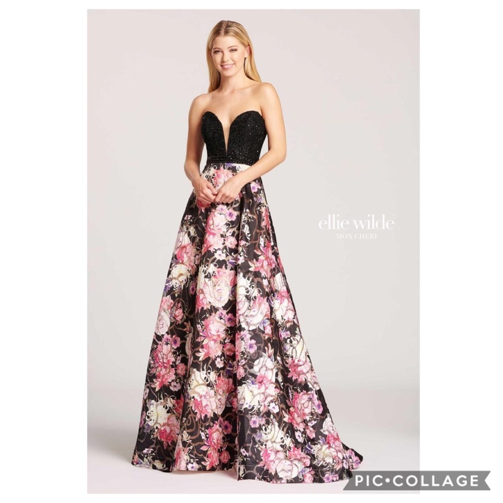 - Ellie Wilde for mon cheri strapless beaded bodice long floral gown
